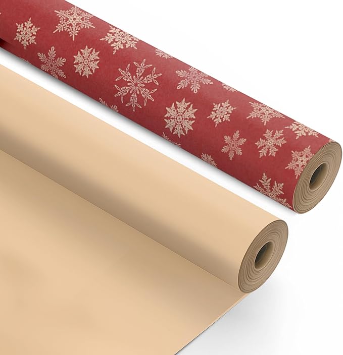 Kraft & Co 2 Pack Christmas Wrapping Paper Roll - Festive Designed Recyclable Kraft Paper, Perfect for Holiday Gifts, Arts & Crafts-Wrapping for a Merry Christmas (44.5cm x 25m)