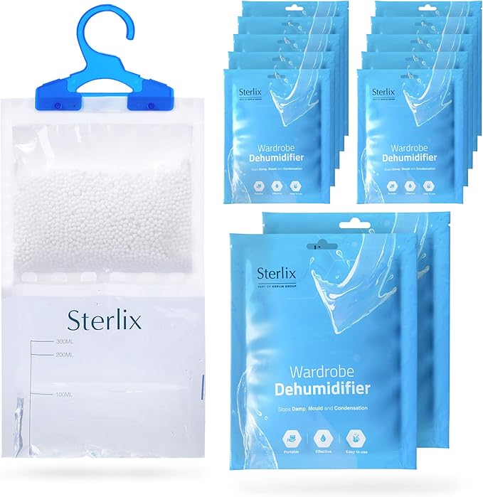 Sterlix 6, 12, 18 Pack Wardrobe Dehumidifier Hanging Bags With Moisture Trap Crystals, Damp Absorber, Mould, Condensation, Perfect Hanging Dehumidifier For Wardrobes, Closets, Bookcases & Small Rooms