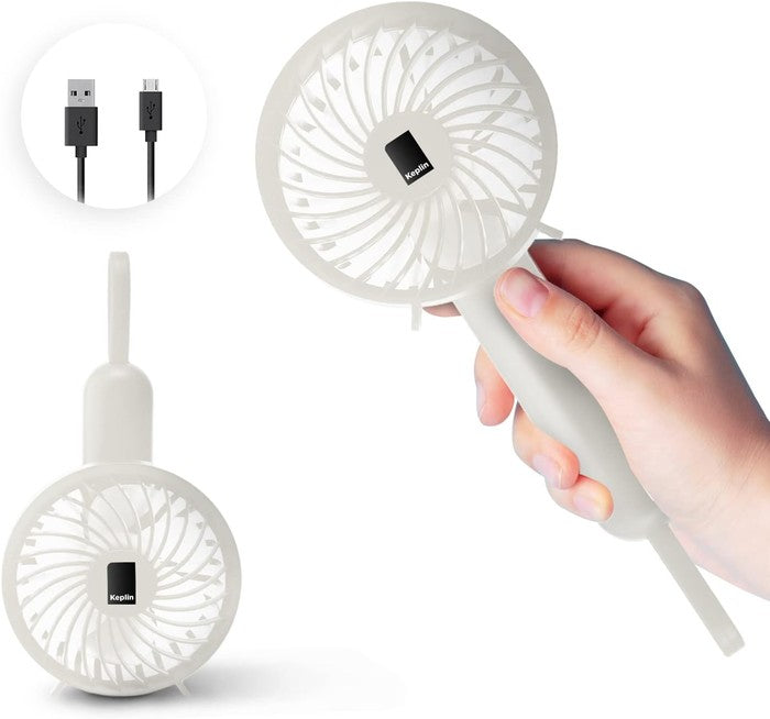 Keplin white portable handheld fan held in hand showing front and folded compact view, includes USB charging cable