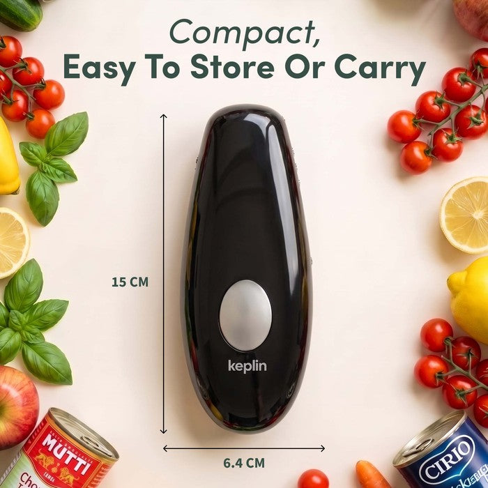 Keplin electric can opener compact size shown at 15cm by 6.4cm surrounded by fresh produce