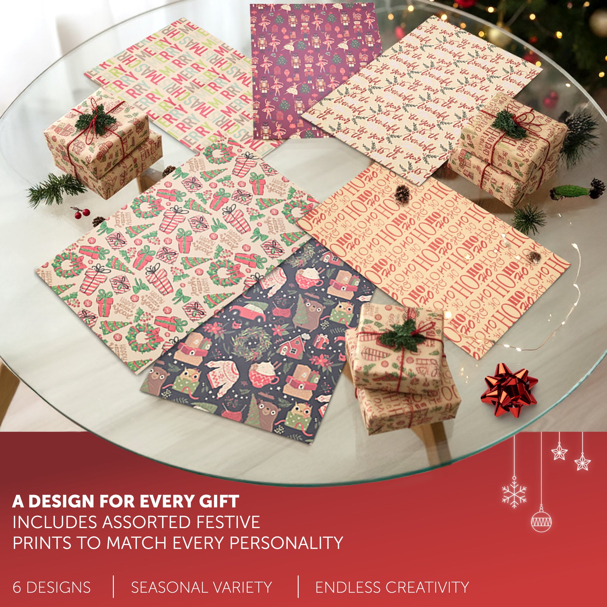 Kraft & Co - Christmas Wrapping Paper 12 Sheets - Kraft Gift Wrap Sheets 50 x 70cm, 6 Festive Holiday Designs with Tags & Twine