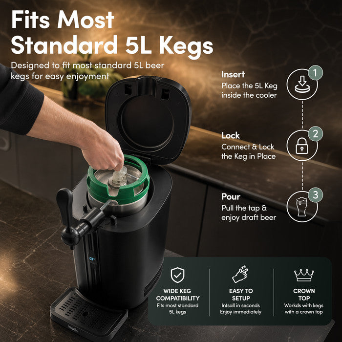 Inserting a standard 5L keg into the Keplin beer dispenser – universal keg compatibility with 3-step insert, lock and pour setup