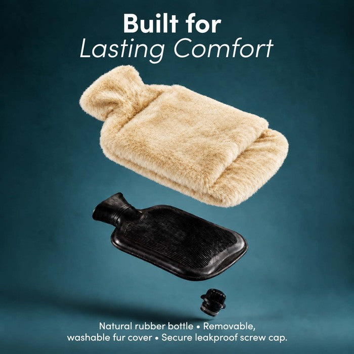 Faux Fur Hot Water Bottle - Soft Cover, Natural Rubber