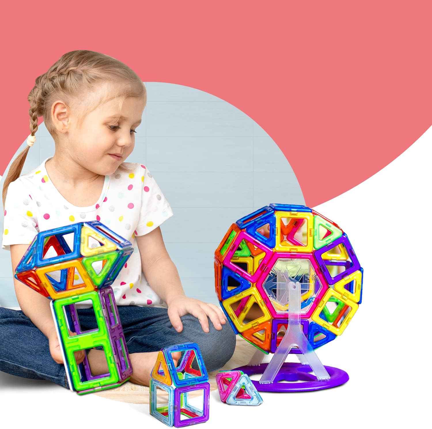 Magnetic building block shapes – colourful geometric tiles for kids creative construction and sensory play