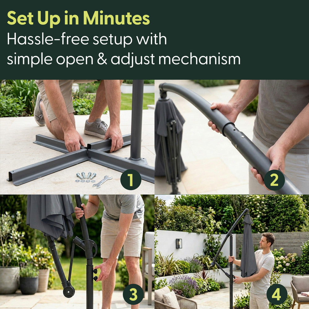 4-step setup guide for 3m grey cantilever garden parasol – assembling cross base, attaching pole, threading arm and fully erected parasol