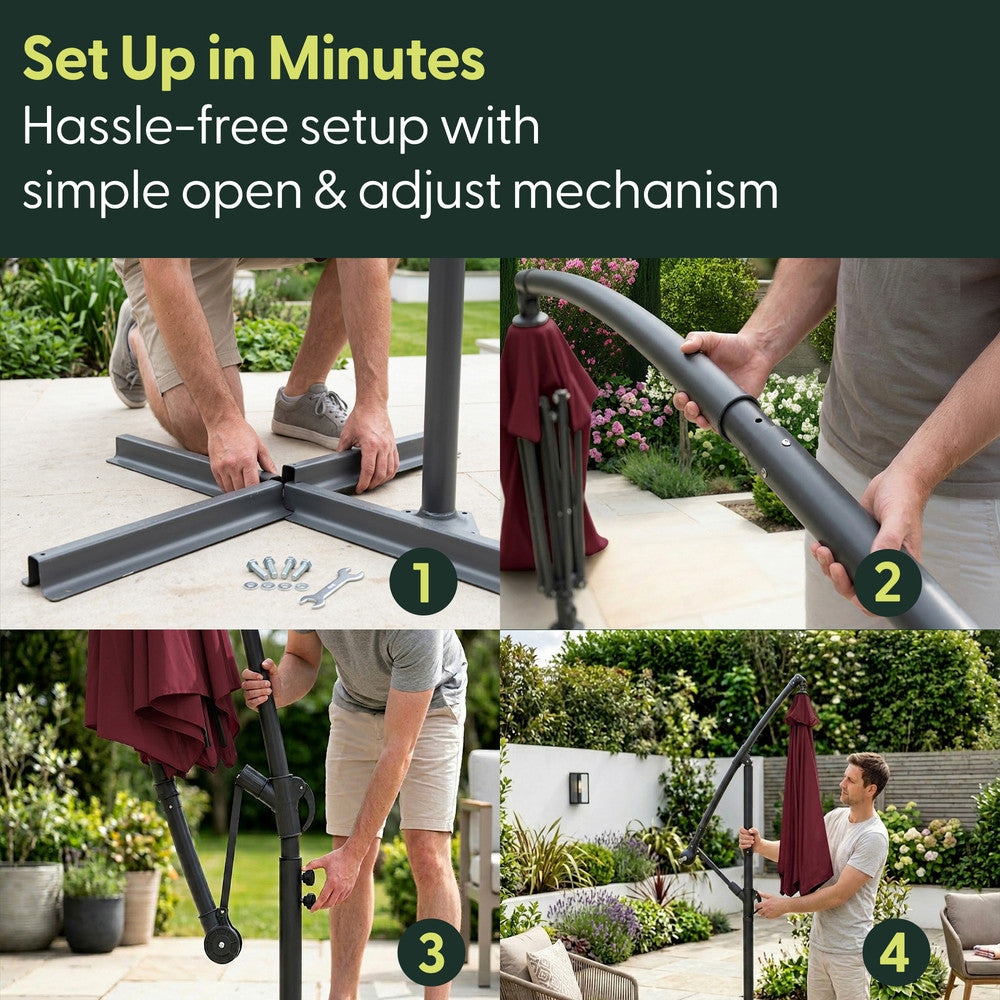 4-step setup guide for 3m burgundy cantilever garden parasol – assembling cross base, attaching pole, threading arm and fully erected parasol