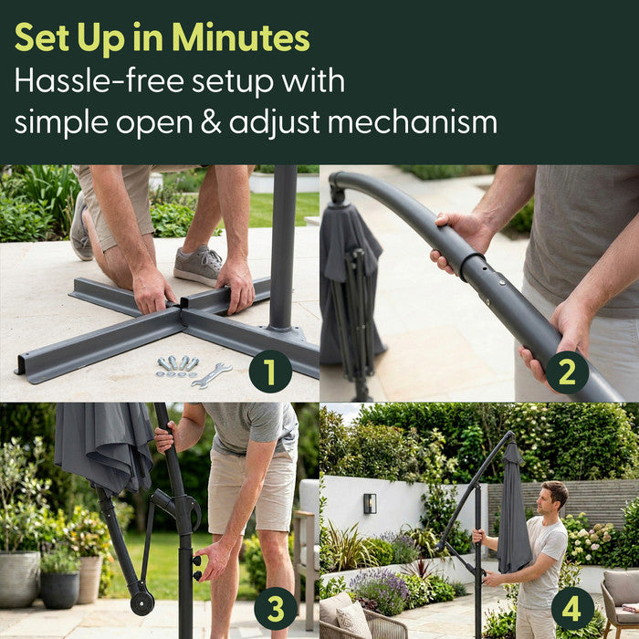 4-step assembly guide for 3m grey cantilever garden parasol – assembling cross base, attaching pole, raising canopy and fully erected parasol