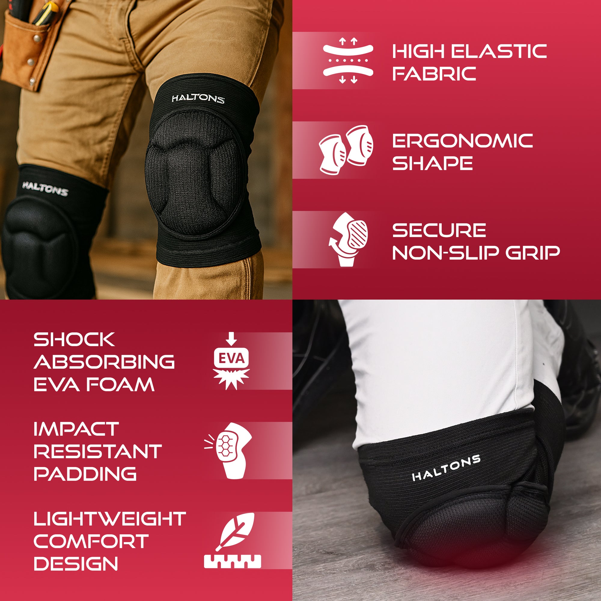 Haltons - 2 Pack Knee Pads Black, EVA Foam Padding - Lightweight & Breathable - Slim Fit for Sports, Work & DIY - Anti-Slip Grip - Flexible Nylon/Spandex