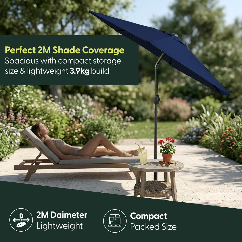2m Tilting Garden Parasol with Cover - Compact Patio & Balcony Parasol