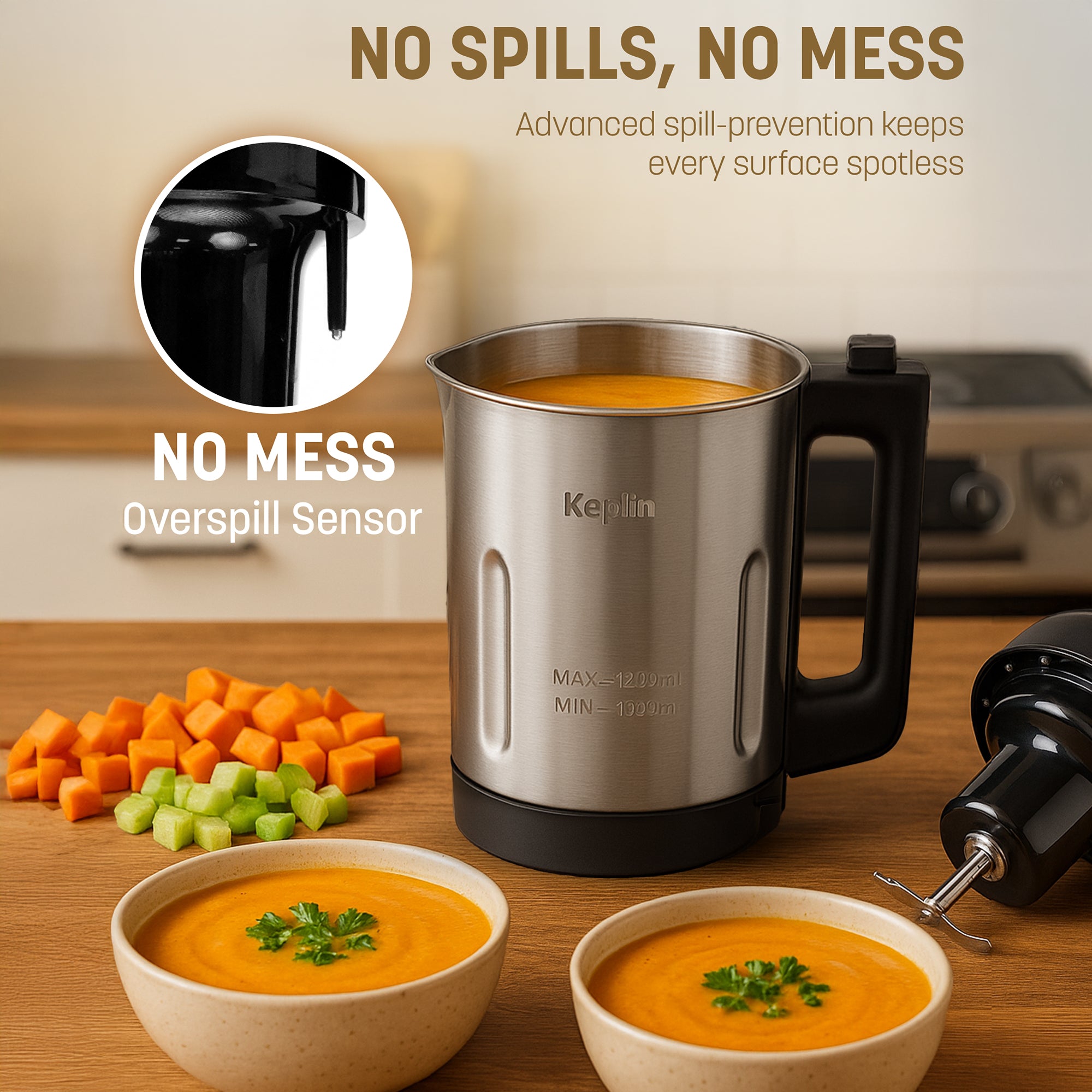 KEPLIN Soup Maker – 1.2L Multi-Function Blender & Soup Maker, Intelligent Safety Sensors, LED Control Panel, Easy Clean & Keep Warm - Stainless Steel
