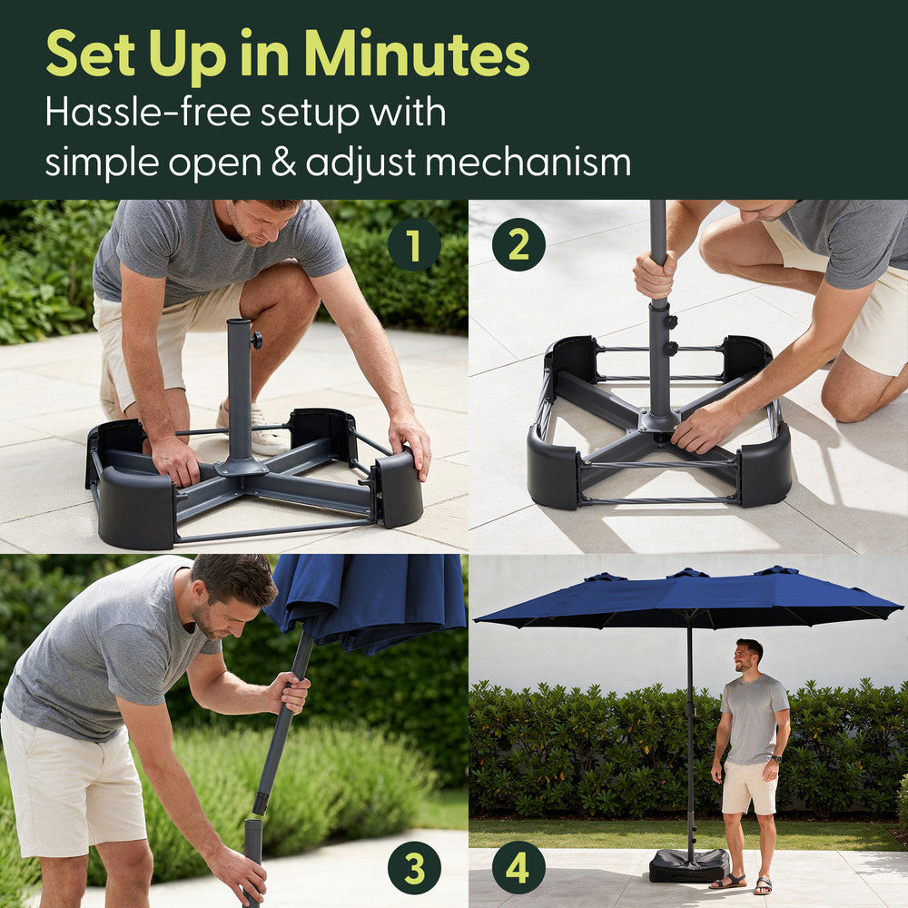 4-step assembly guide for double garden parasol – base, pole, canopy and fully erected setup