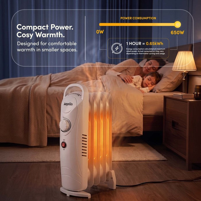 Power consumption chart for 650W oil radiator – 1 hour equals 0.65kWh