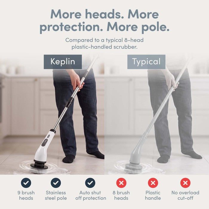 Electric spin scrubber with steel telescopic pole and auto shut-off