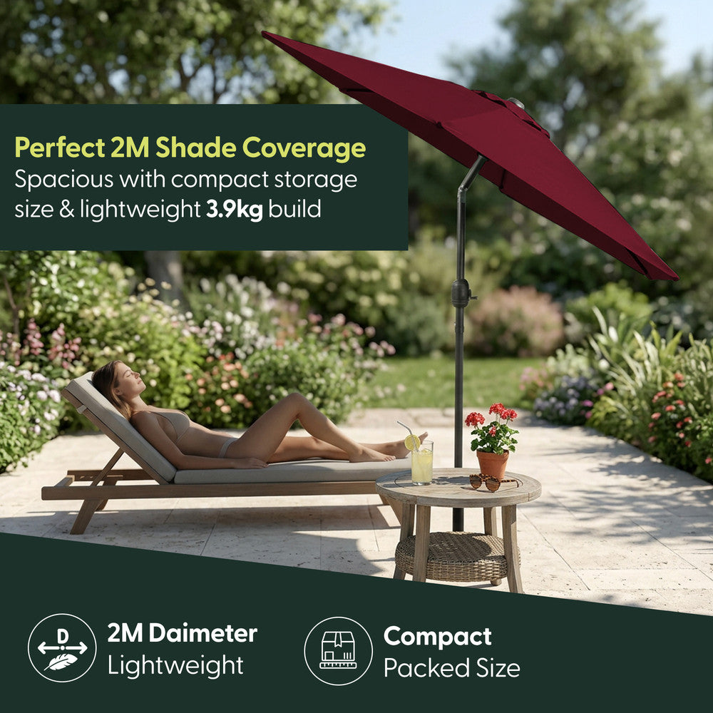 2m Tilting Garden Parasol with Cover - Compact Patio & Balcony Parasol