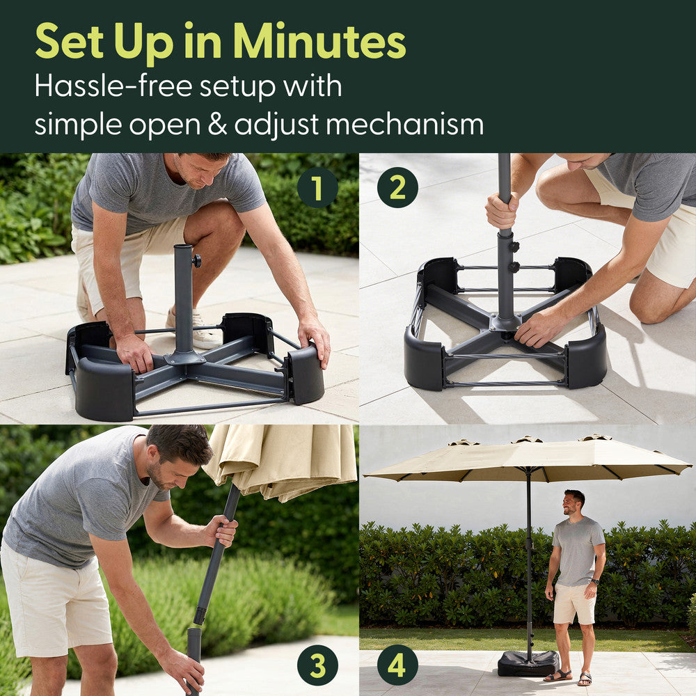 4-step assembly guide for double garden parasol – base, pole, canopy and fully erected setup