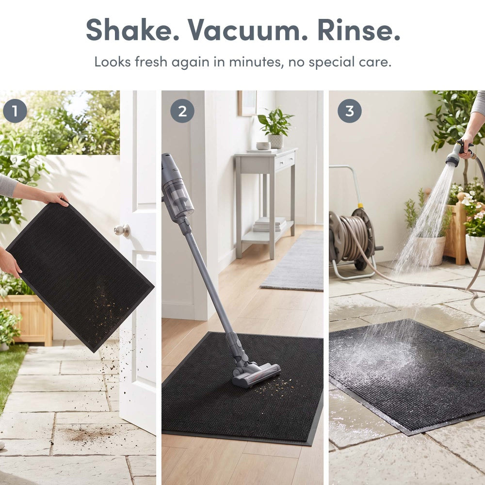Shake, vacuum or hose down to clean in minutes – Washable Door Mat