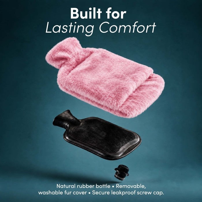 Faux Fur Hot Water Bottle - Soft Cover, Natural Rubber