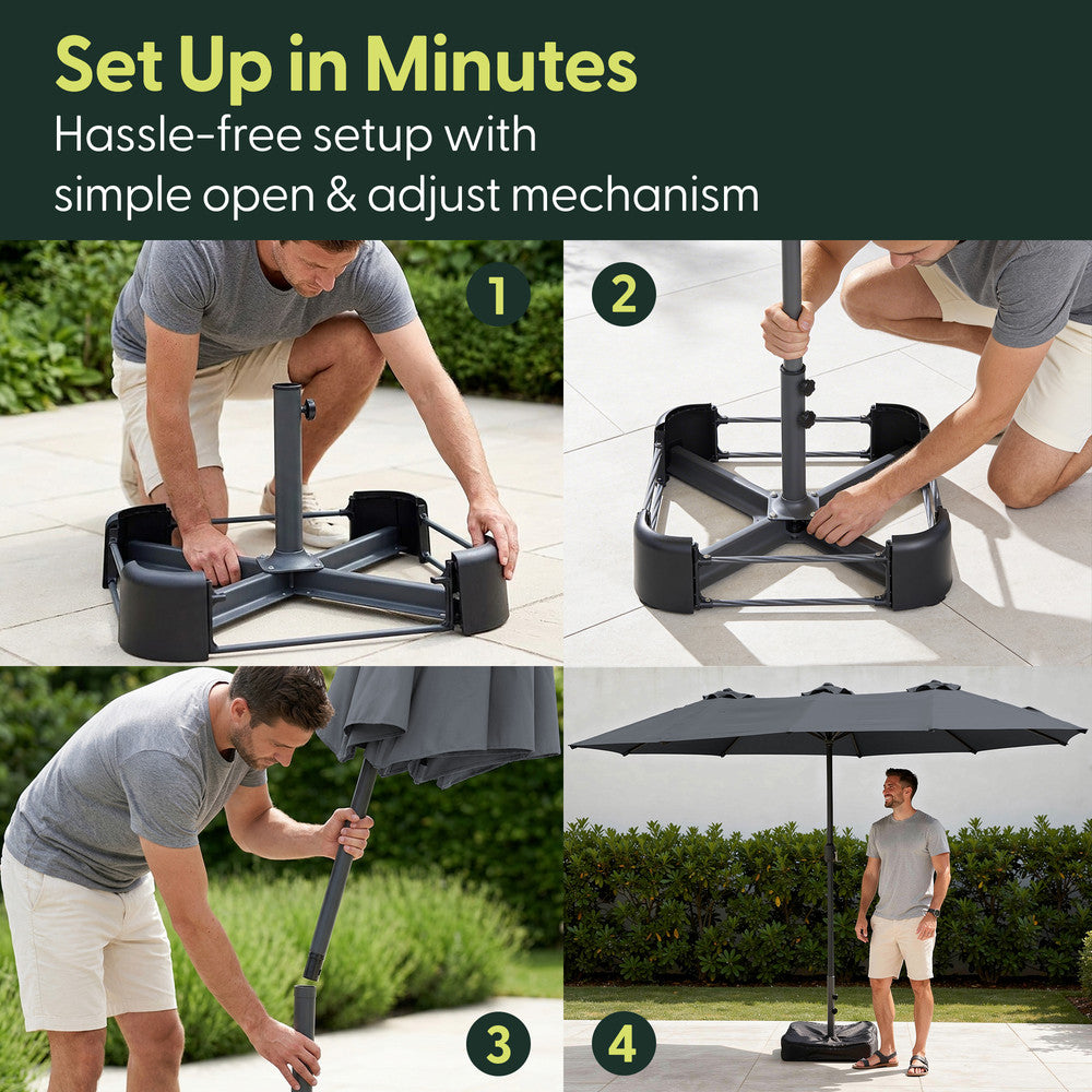 4-step assembly guide for double garden parasol – base, pole, canopy and fully erected setup