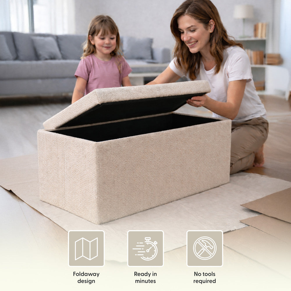 KEPLIN Storage Ottoman Bench 76×38×38 cm – Large 90 L Hidden Storage, Rapid Fold‐Flat Design, 150kg Load Capacity, Tufted Teddy Fabric Finish – Ideal for Hallway, Bedroom, Living Room