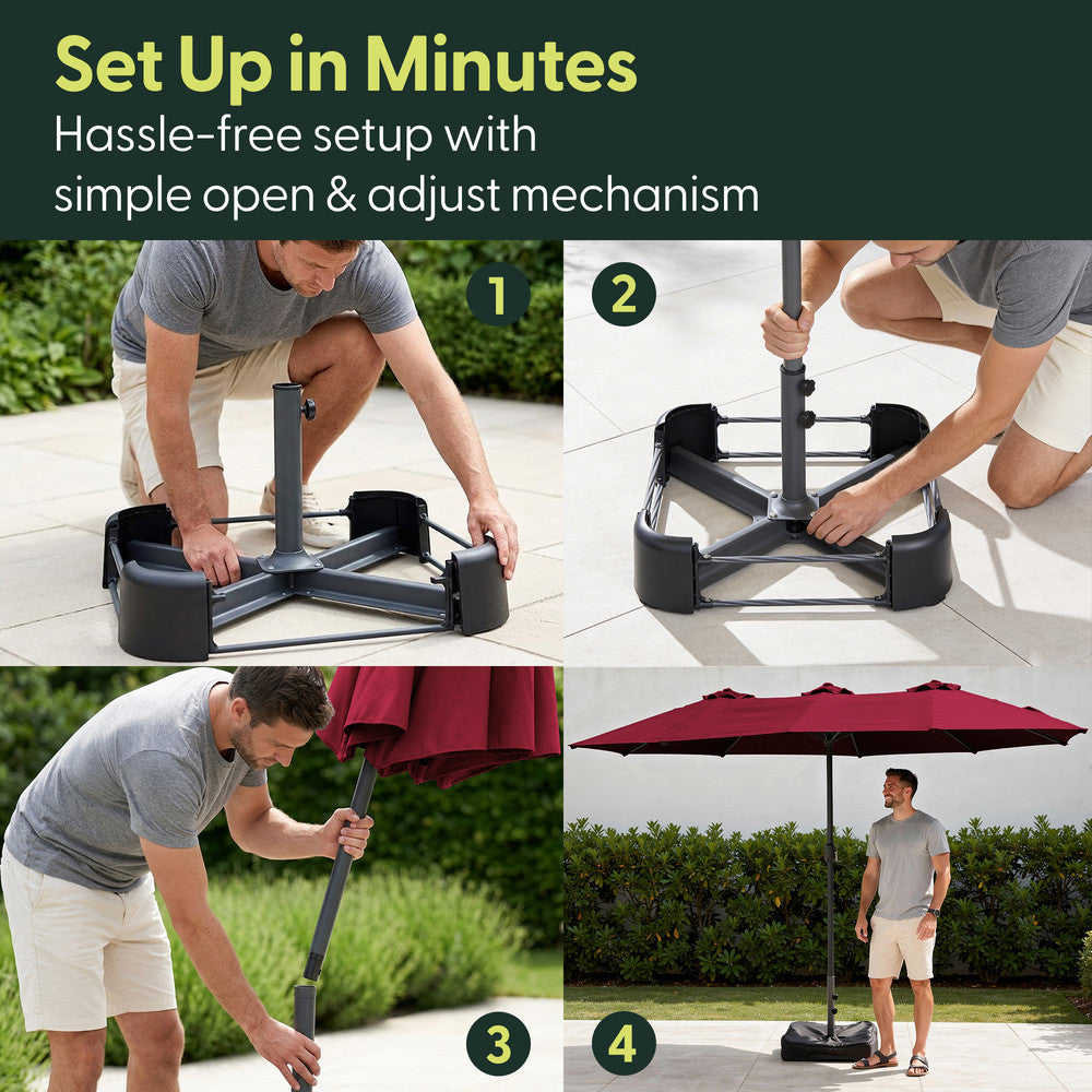 4-step assembly guide for double garden parasol – base, pole, canopy and fully erected setup