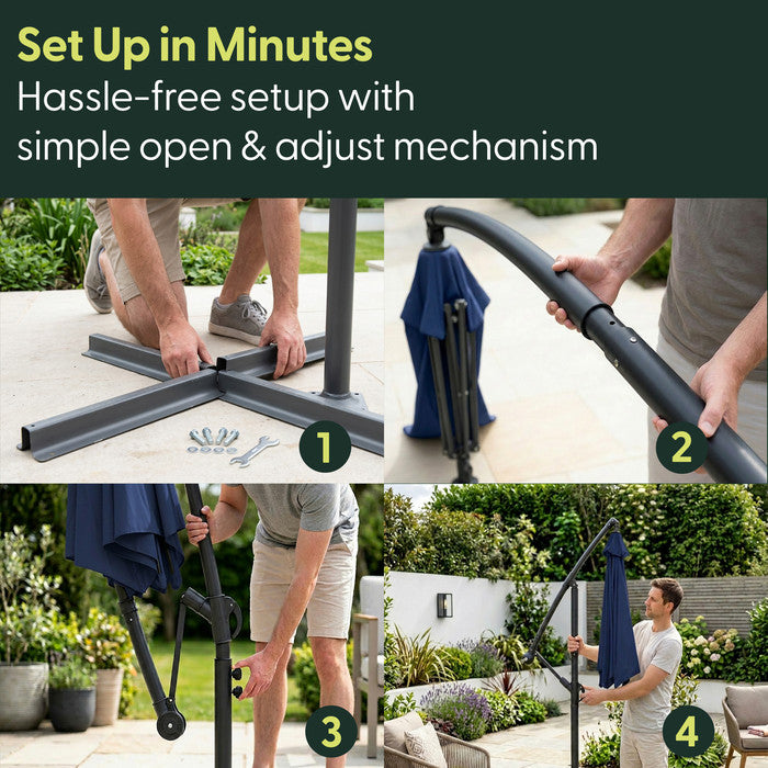 4-step assembly guide for 3m navy blue cantilever garden parasol – assembling cross base, attaching pole, raising canopy and fully erected parasol