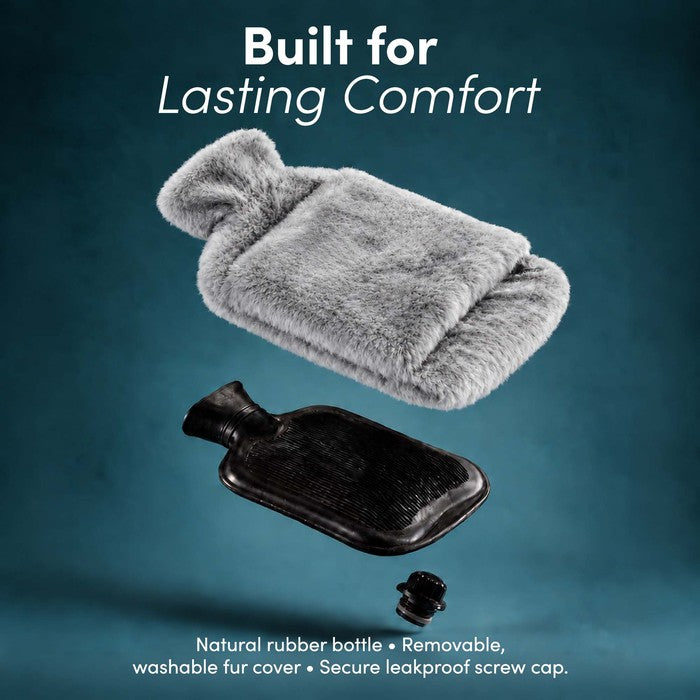 Faux Fur Hot Water Bottle - Soft Cover, Natural Rubber