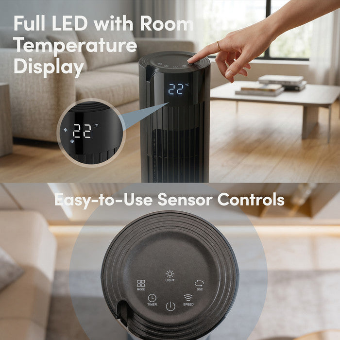LED Display on Black Tower Fan – Digital Timer & Speed Setting Indicator