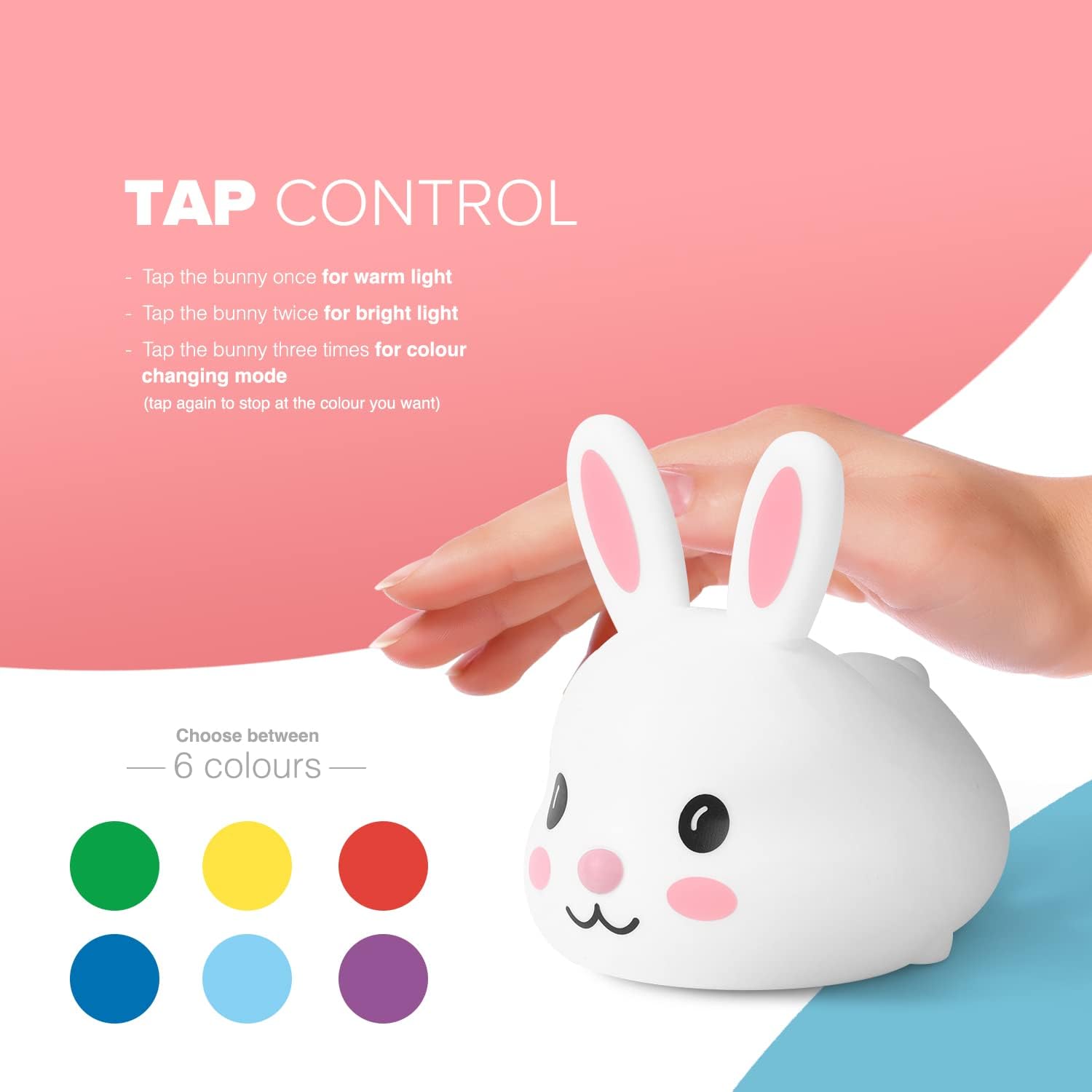 Kidoola Bunny Night Light | 6-Color Touch-Change LED Nightlight Lamp | BPA-Free Kawaii Silicone Rabbit | Rechargeable Battery | Cute Nursery Decor & Sleep Accessory [Energy Class A]