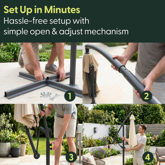 4-step assembly guide for 3m cream cantilever garden parasol – assembling cross base, attaching pole, raising canopy and fully erected parasol