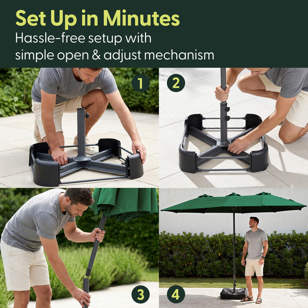 4-step assembly guide for double garden parasol – base, pole, canopy and fully erected setup
