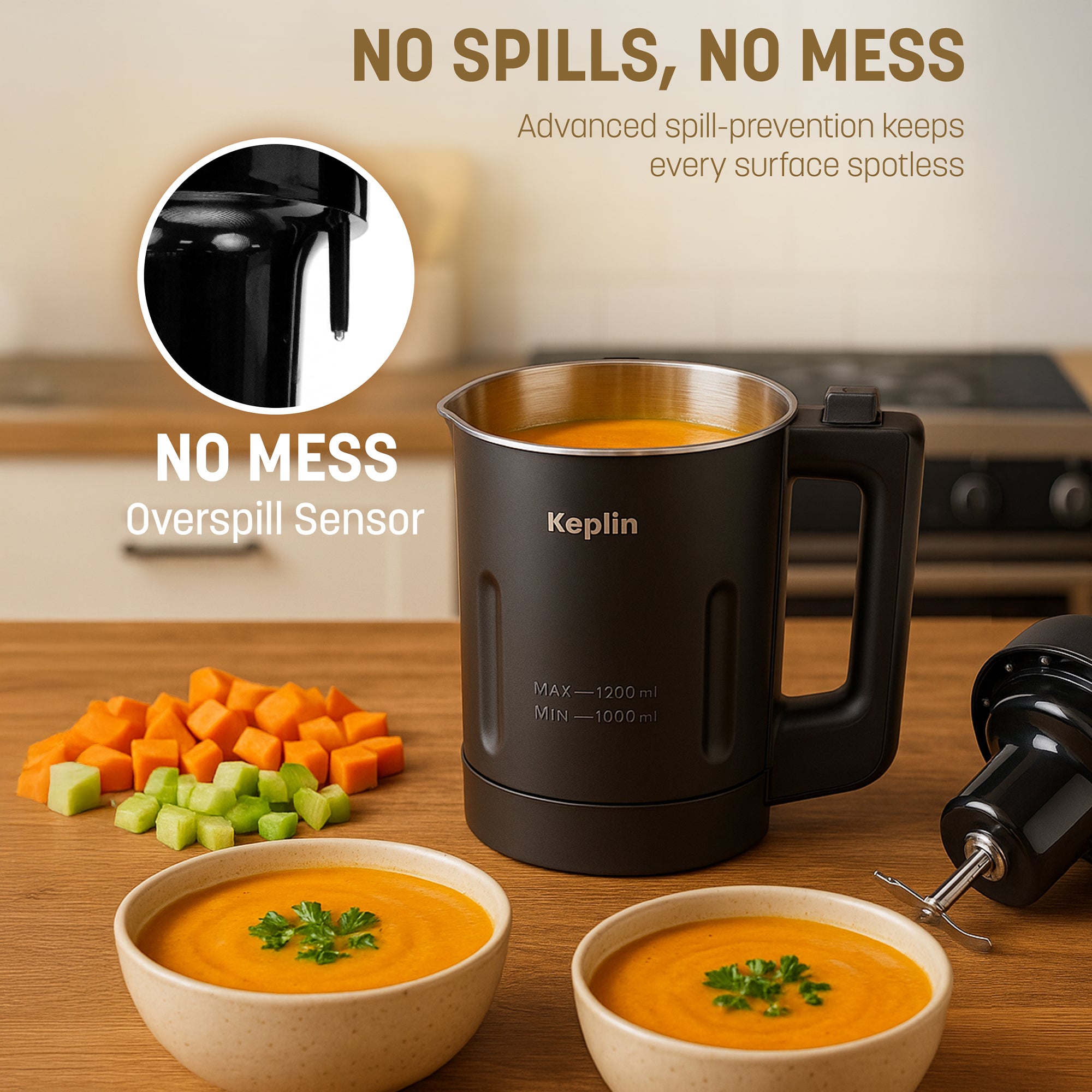 KEPLIN Soup Maker – 1.2L Multi-Function Blender & Soup Maker, Intelligent Safety Sensors, LED Control Panel, Easy Clean & Keep Warm - Stainless Steel