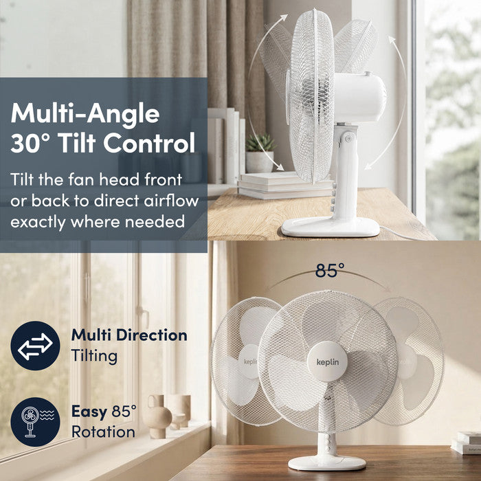 12 inch white oscillating desk fan with 30° adjustable tilt head and 85° oscillation range