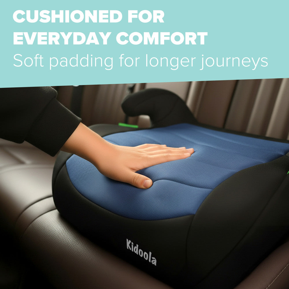 Blue ISOFIX booster seat cushion detail – soft padded seat for comfortable car journeys