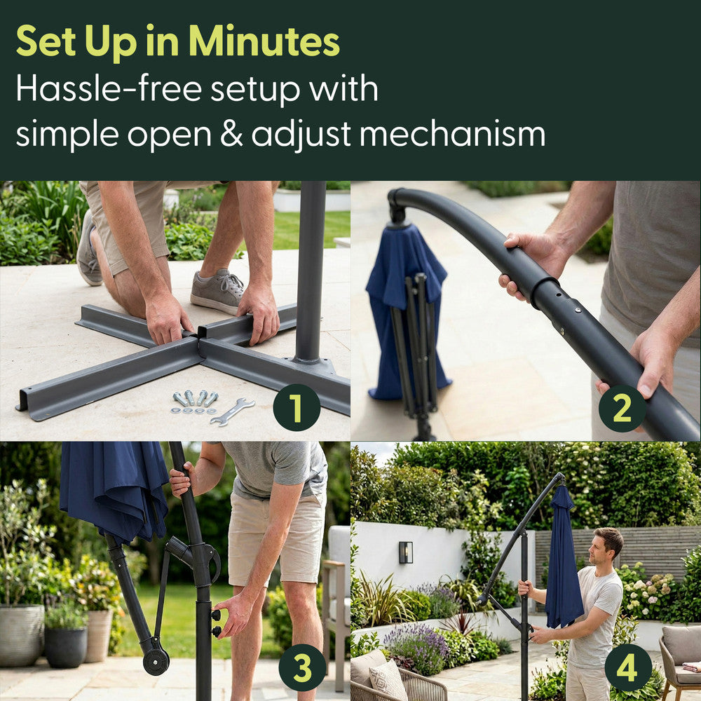 4-step setup guide for 3m navy blue cantilever garden parasol – assembling cross base, attaching pole, threading arm and fully erected parasol
