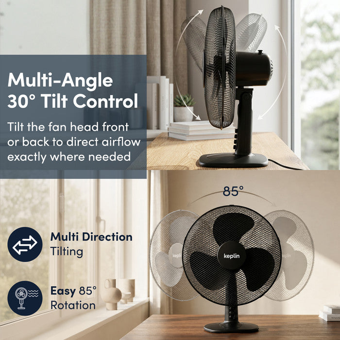 12 inch oscillating desk fan with 30° adjustable tilt head and 85° oscillation range
