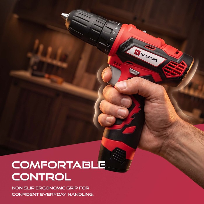 Hand holding Haltons lightweight cordless drill with non-slip ergonomic grip for DIY use