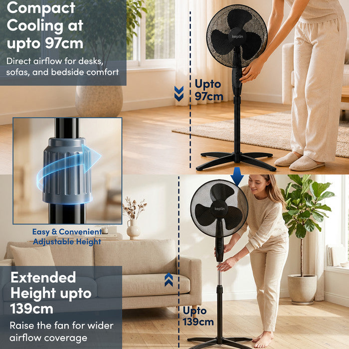 Height-adjustable pedestal fan infographic showing 97cm and 139cm positions – 16 inch standing fan
