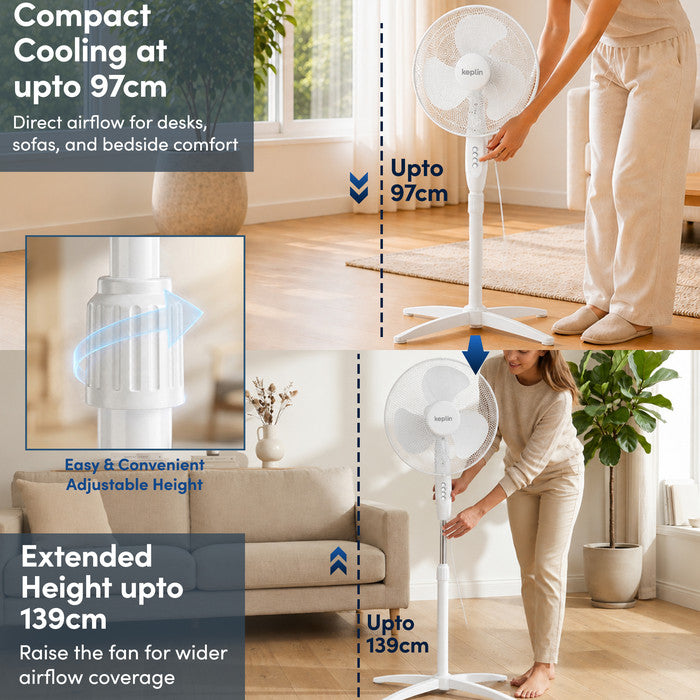 Height-adjustable white pedestal fan infographic showing 97cm and 139cm positions – 16 inch standing fan