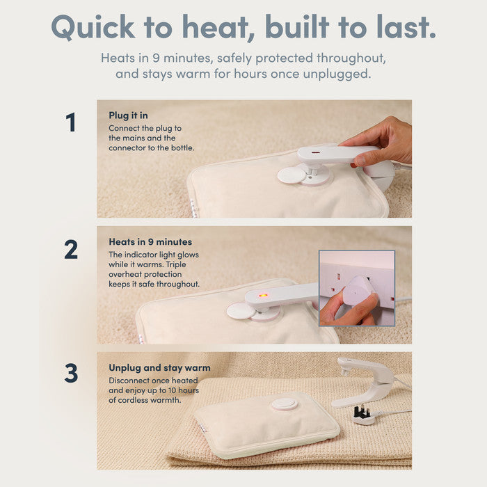 How to use the Cream electric hot water bottle: plug in, heat 9 minutes, then unplug