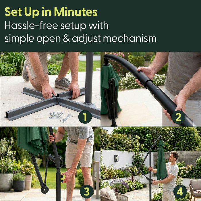 4-step assembly guide for 3m cantilever garden parasol – assembling cross base, attaching pole, raising canopy and fully erected parasol