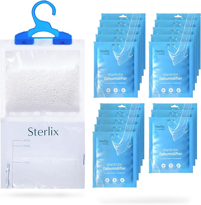 Sterlix 6, 12, 18 Pack Wardrobe Dehumidifier Hanging Bags With Moisture Trap Crystals, Damp Absorber, Mould, Condensation, Perfect Hanging Dehumidifier For Wardrobes, Closets, Bookcases & Small Rooms