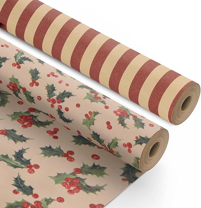 Kraft & Co 2 Pack Christmas Wrapping Paper Roll - Festive Designed Recyclable Kraft Paper, Perfect for Holiday Gifts, Arts & Crafts-Wrapping for a Merry Christmas (44.5cm x 25m)