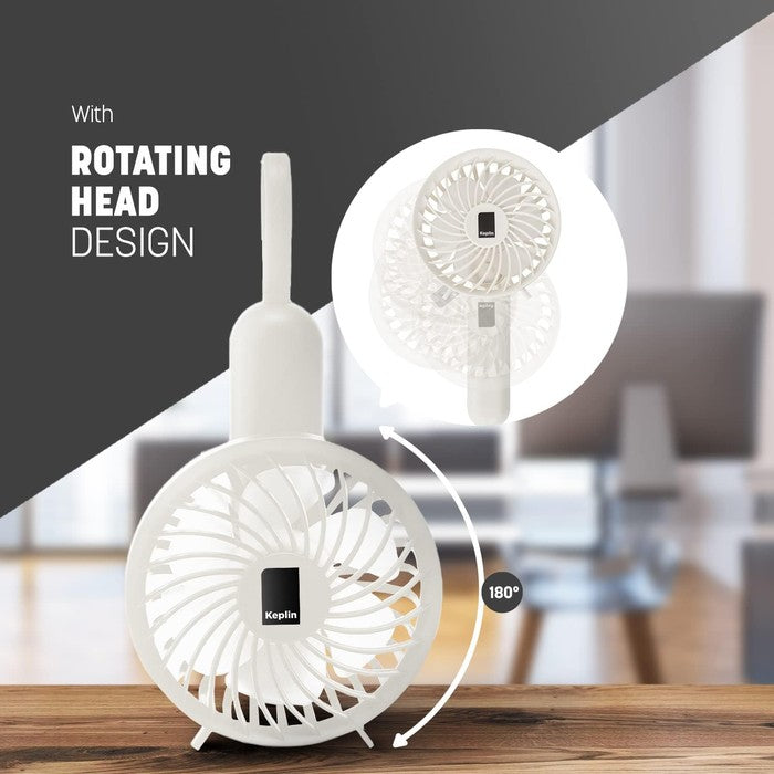 Keplin white rechargeable handheld fan with 180-degree rotating head design, shown as desk fan and handheld fan
