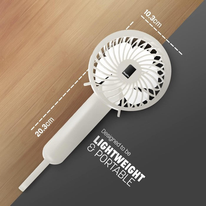 Keplin white portable fan dimensions showing 20.3cm length and 10.3cm width, lightweight and compact design