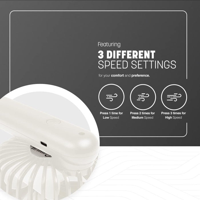 Keplin white handheld fan 3 speed settings — low, medium and high — with USB charging port close-up