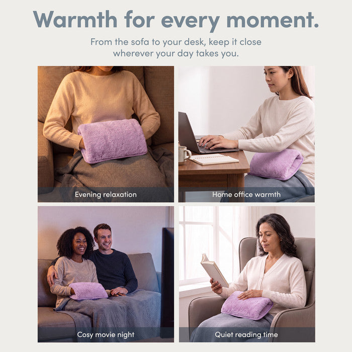 Lilac rechargeable hot water bottle used on the sofa, at a desk and while reading