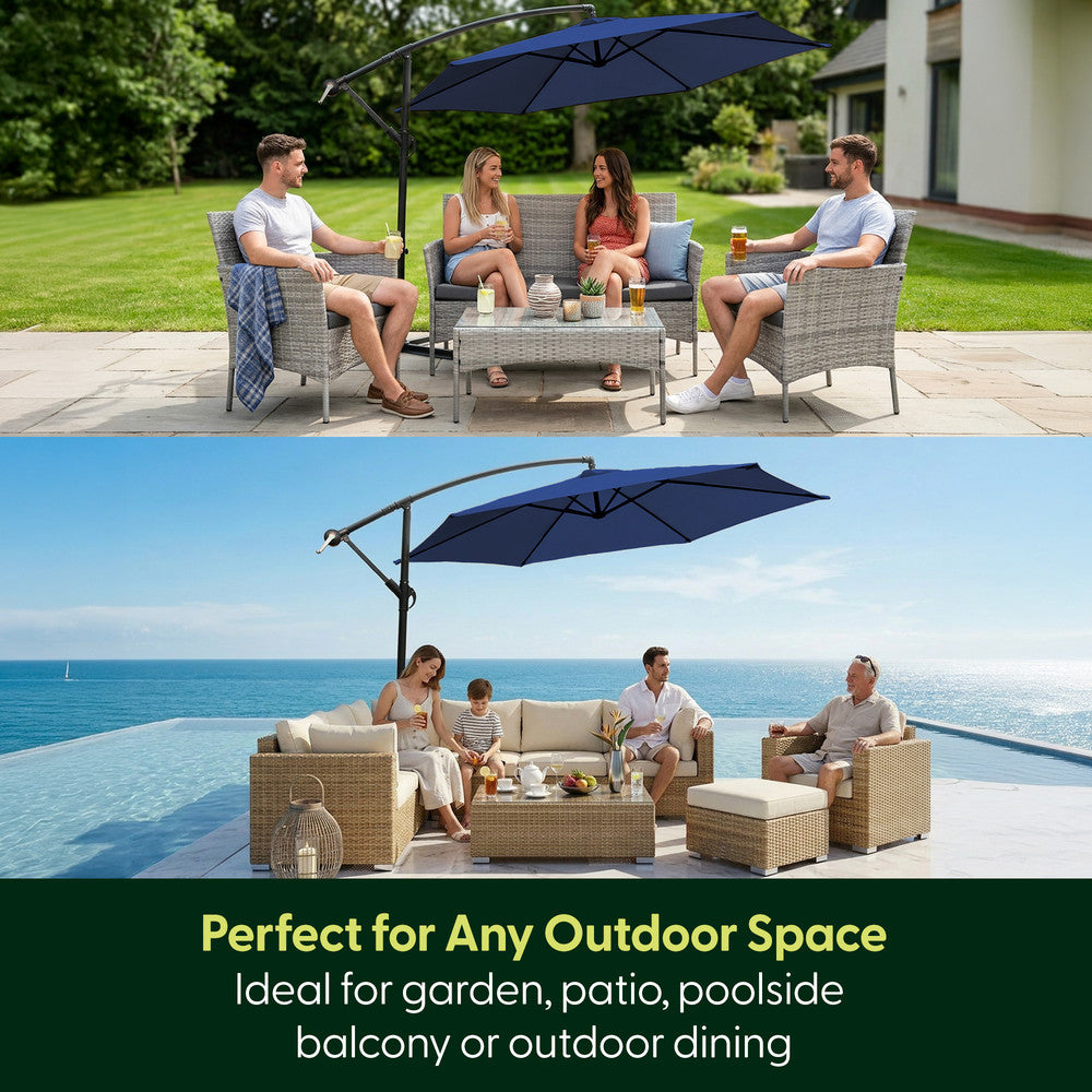 Navy blue 3m cantilever garden parasol shading garden patio furniture and poolside outdoor seating – ideal for garden, patio and decking