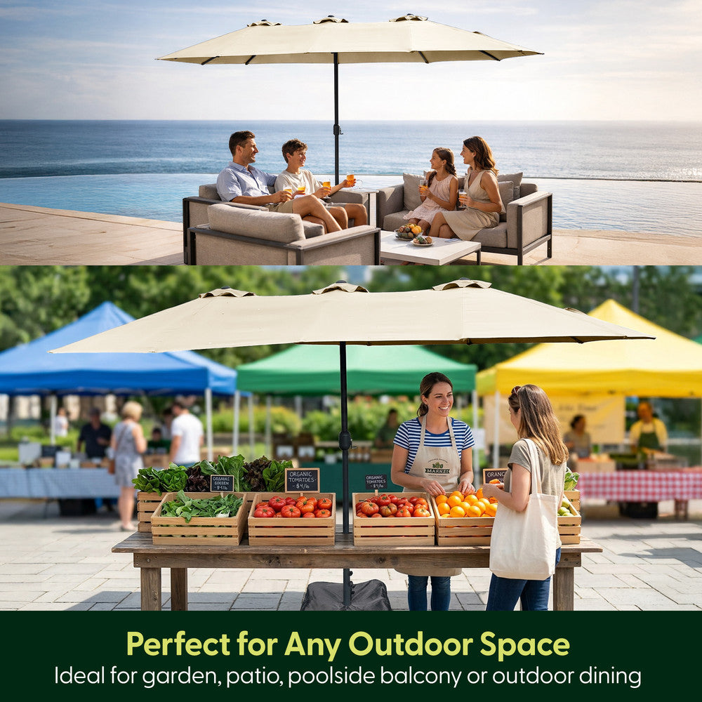 Cream double parasol used over garden seating by the sea and as outdoor market stall shade