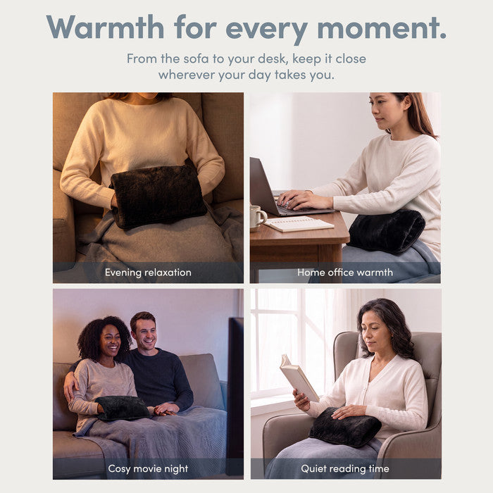 Black rechargeable hot water bottle used on the sofa, at a desk and while reading