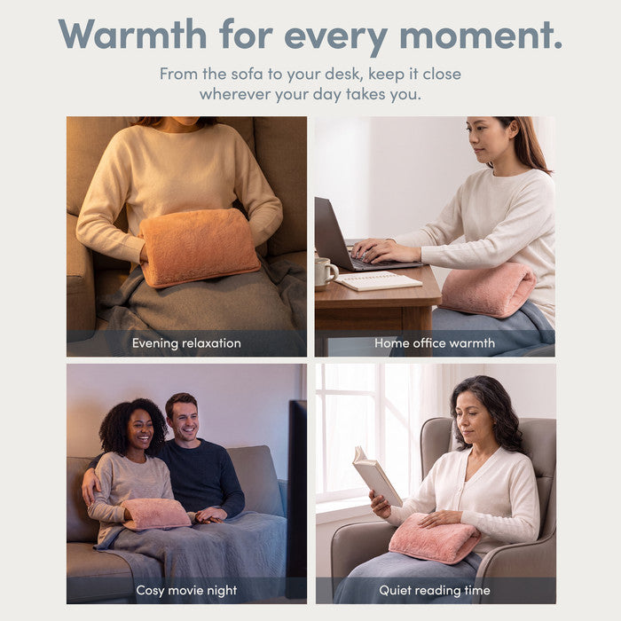 Blush rechargeable hot water bottle used on the sofa, at a desk and while reading